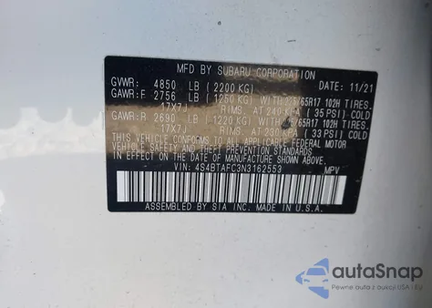 2022 Subaru Outback Premium из США, поврежденный, VIN 4S4BTAFC3N3162553